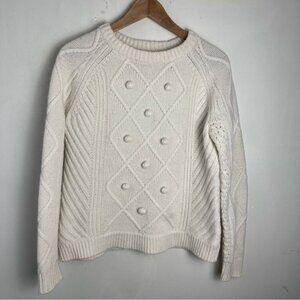 J crew Women’s Pom Pom Sweater 100% wool Crew neck Ivory cable knit size XS